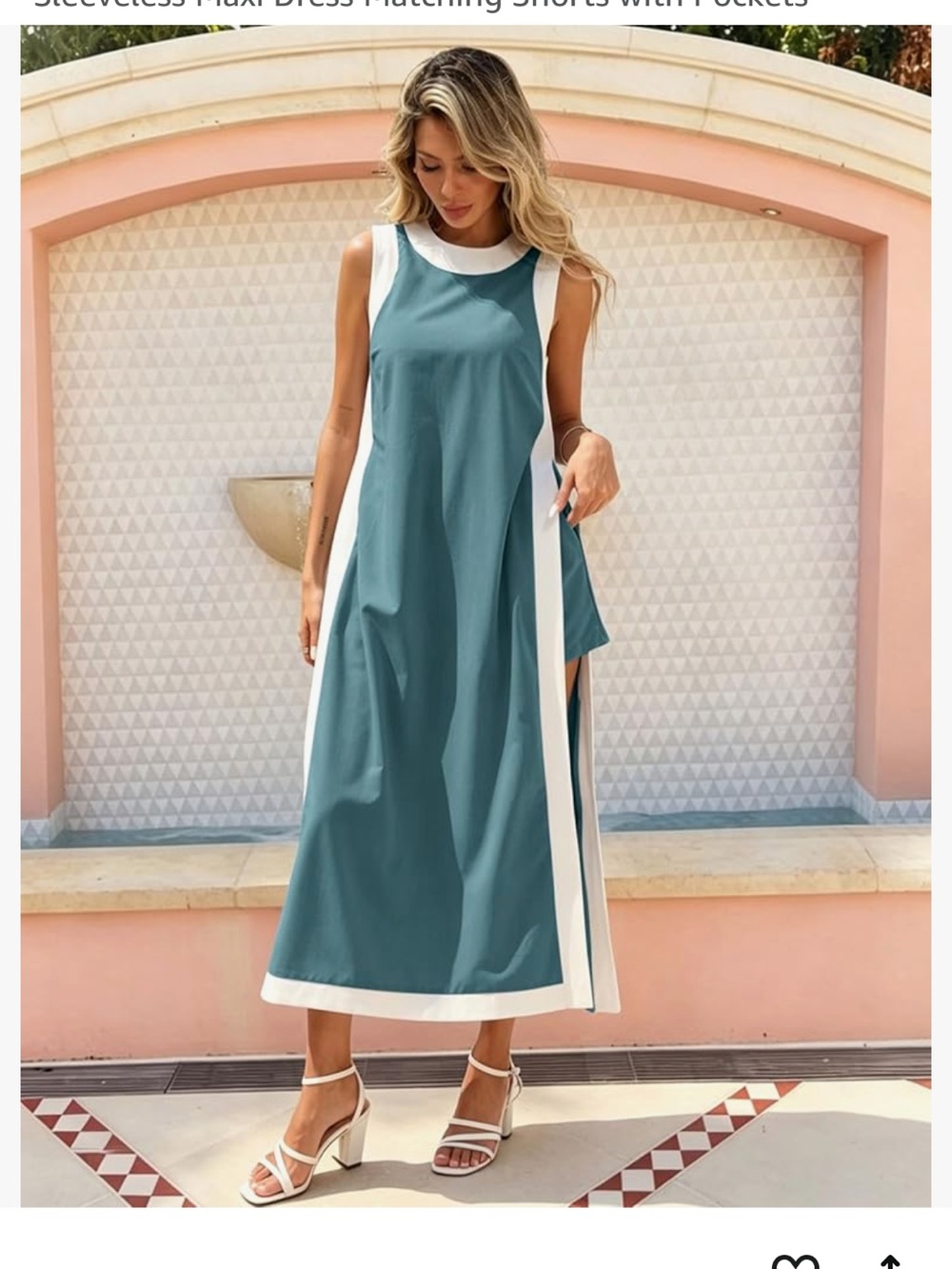 Sleeveless Teal Maxi Dress with White Trim and Matching Shorts